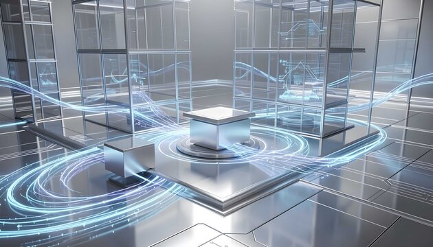 Futuristic technology ecosystem with luminous algorithms and transparent glass architecture