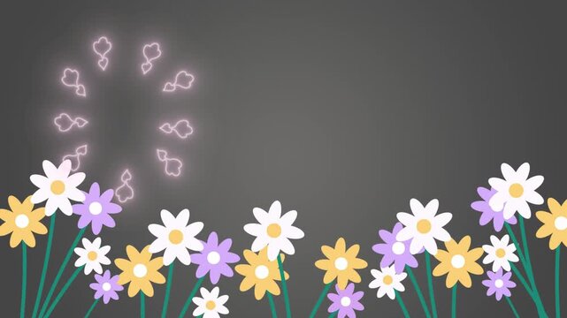 Flowers in yellow and purple hues bloom at the base of this digital illustration while a glowing circular light motif hangs in the upper corner against a neutral grey backdrop with copy space.