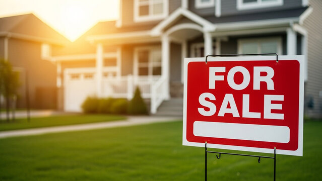 Red and white for sale real estate sign on green lawn in front of blurred modern suburban family house with garage and porch at sunset with warm lens flare effect.