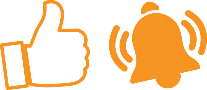 Orange thumb up and bell icon set with notification positive feedback