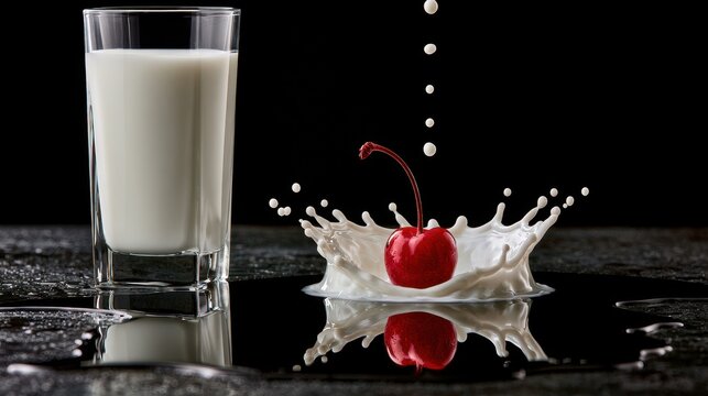 Milk splash with cherry and glass on black. Food concept.