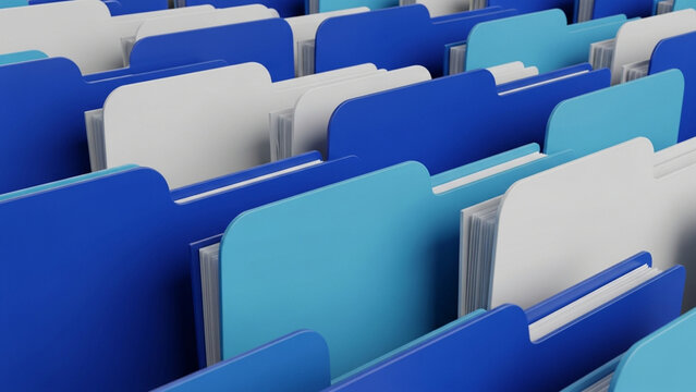 Close-up 3D illustration of organized file folders in rows featuring blue, cyan, and white colors with tabs and paper documents inside for data management and digital archiving systems.