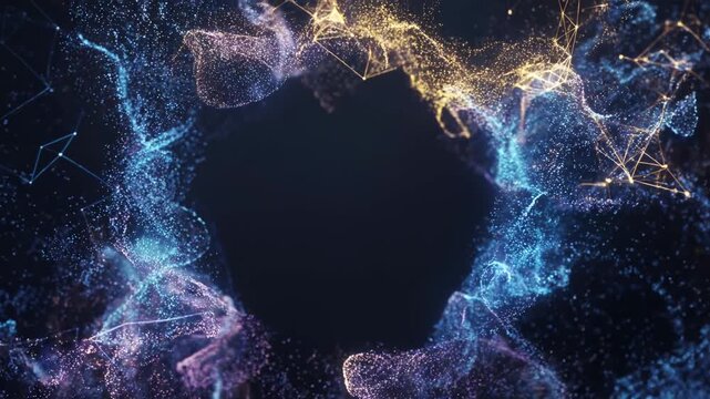 abstract digital particles forming shapes in a cosmic background for technology visuals