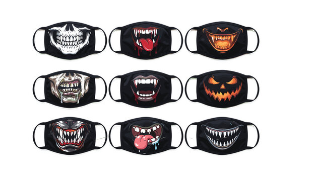 Halloween protective face masks set with scary monster teeth skull vampire and pumpkin prints vector illustration collection