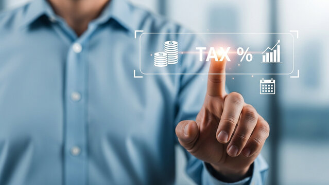 Close-up of a businessman in a blue shirt pointing at a virtual holographic interface showing tax text, percentage sign, coin icons, growth bar graph, and calendar in an office.