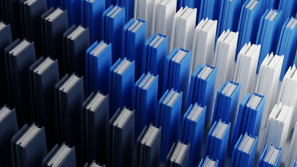 Obraz premium 3D isometric render of blue and white vertical file folders arranged in geometric rows, representing digital data storage, archives, organizational management, and library systems.