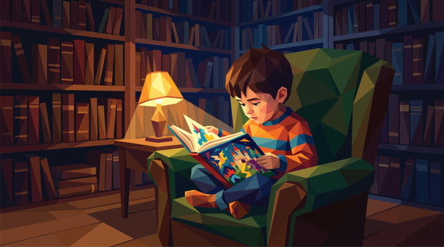 Young boy engrossed in reading a colorful book while sitting in a cozy armchair in a dimly lit library, evoking imagination and learning.