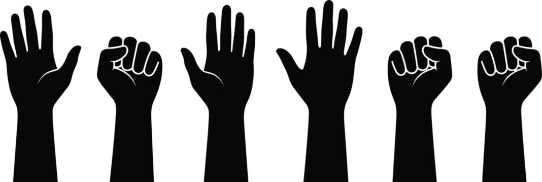 Human hands raised up open palms and clenched fists vector graphics set representing protest voting unity or community strength