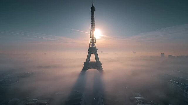 Paris, France, Europe. A highresolution aerial photograph of the Eiffel Tower in Paris, France, bathed in the warm glow of the setting sun. The tower stands tall amidst a dense fog.