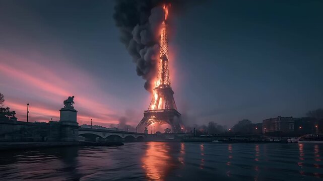 Paris, France, Europe. A vivid portrayal of the Eiffel Tower, a landmark in Paris, is engulfed in flames and thick black smoke. The sky is painted in hues of pink, purple, and blue.