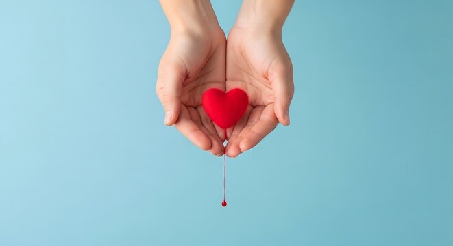 Caring human hands holding a small red bleeding heart shape