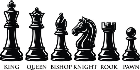 Complete Black Chess Pieces Set with Labels Vector Illustration for Board Game Tournaments, Strategy Education Materials, and Club Branding Designs © prosanjit