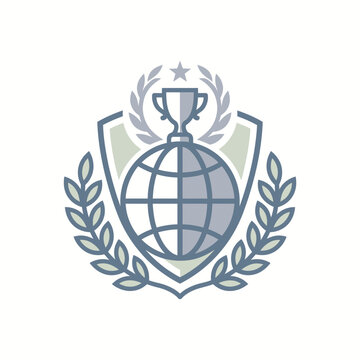 Shield emblem with global trophy and laurel wreath.