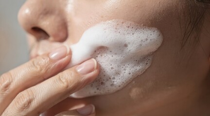 Naklejka premium Close-up of a person washing face with cleansing foam for healthy skin