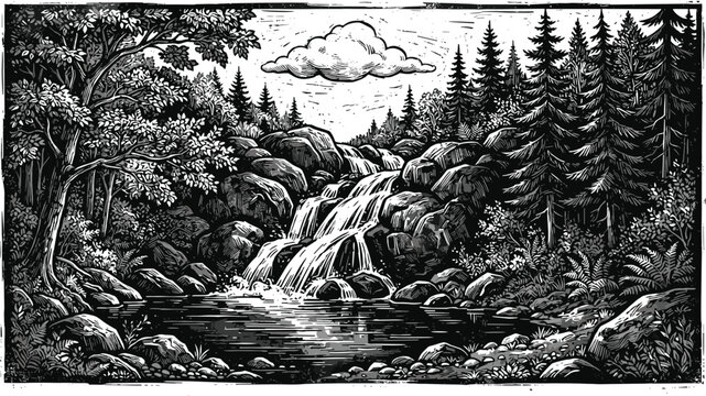 Detailed woodcut style forest waterfall landscape engraving with rushing water rocky streams dense pine trees and single cloud