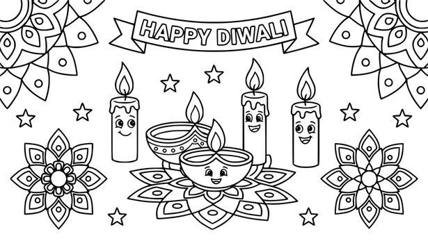 Happy Diwali coloring page for kids with cute cartoon diyas, candles, and rangoli patterns