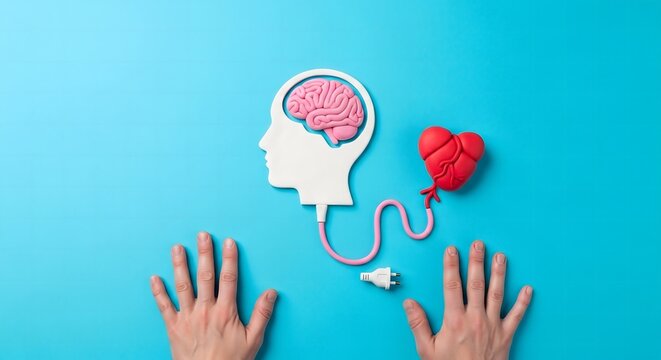 Conceptual image of human brain and heart connection with cables