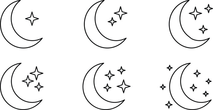 Crescent moon and stars icon set showing night sky weather sleeping dream and bedtime progression outline vector