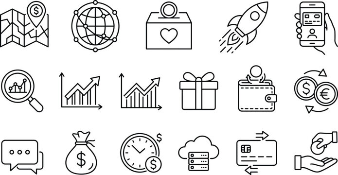 Business finance startup icon set with rocket money growth graph wallet credit card payment technology linear outline vector