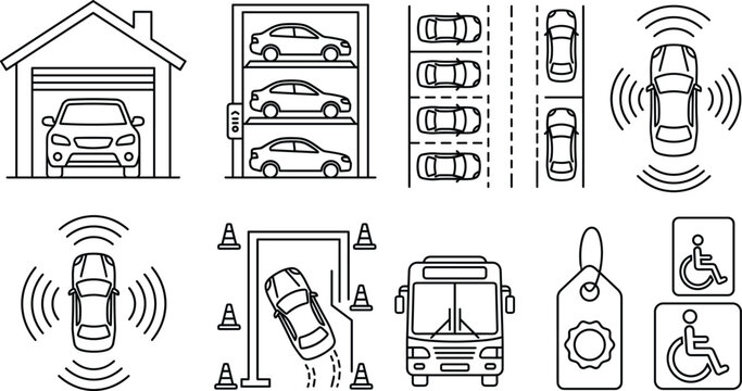 Car parking and garage icon set with smart autopilot sensor multi level lot handicap space linear outline vector