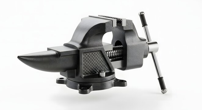 Bench vise made of cast iron provides a secure grip for metalworking and heavy-duty industrial repair tasks.