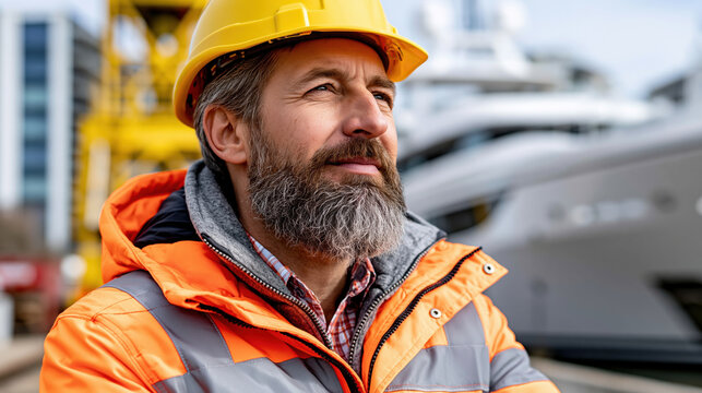 Shipyard worker safety helmet luxury yacht bearded man construction jacket marina background industrial dock confident expression outdoor port professional labor scene
