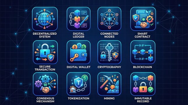 Blockchain network icon set for secure digital transactions with displays collection 12 blockchain related icons dark blue background background representing concepts