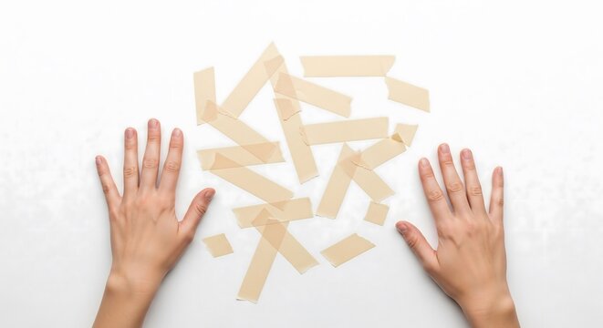 Two human hands reaching towards messy scattered adhesive tape pieces