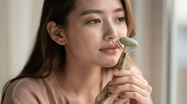 Young Asian woman using jade roller for facial massage and skincare