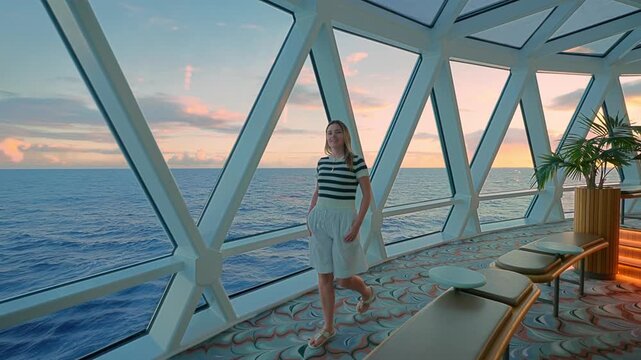 Young woman stands in modern cruise liner observation lounge with panoramic windows overlooking Caribbean Sea at sunset. Pink and orange clouds paint the sky as waves ripple across blue ocean waters.