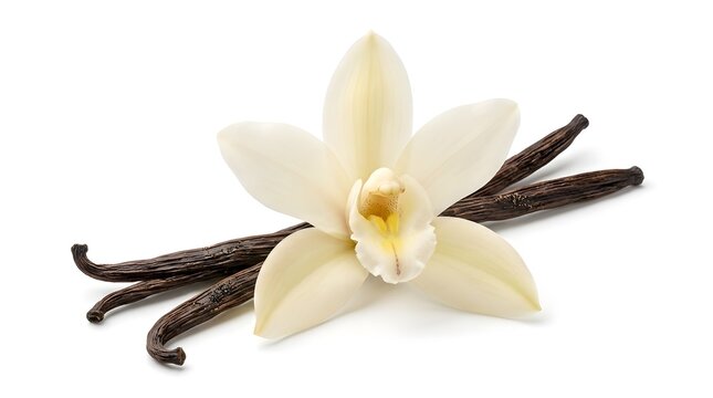 Creamy white vanilla orchid flower representing Fresh aromatic vanilla bean pods on white background.