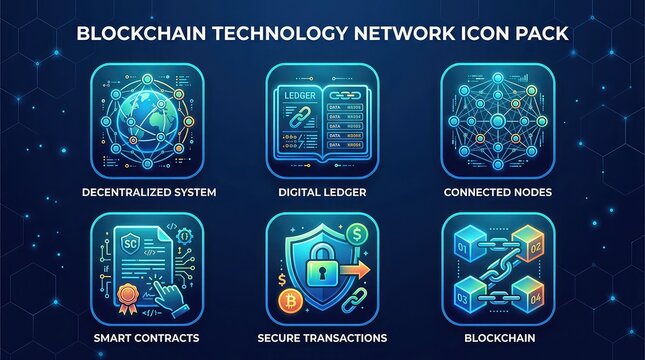 Blockchain technology network icon pack with decentralized system with collection six blockchain technology icons dark dark blue background with cryptocurrency