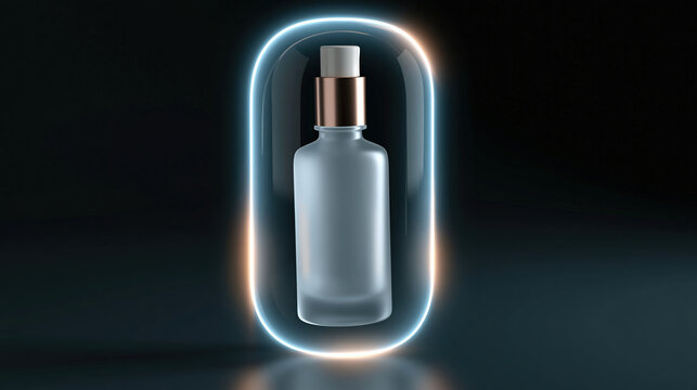 Frosted glass cosmetic bottle with pump dispenser glowing in dark background, modern skincare packaging design with elegant lighting effect for premium product display