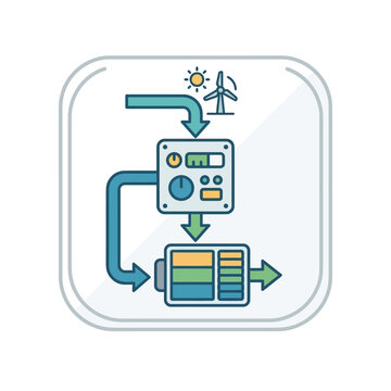 Control panel icon displays the process of converting wind energy into stored power for domestic electrical use.