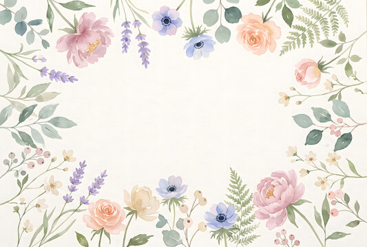 Watercolor floral border with pink roses lavender anemones and green leaves on a light background