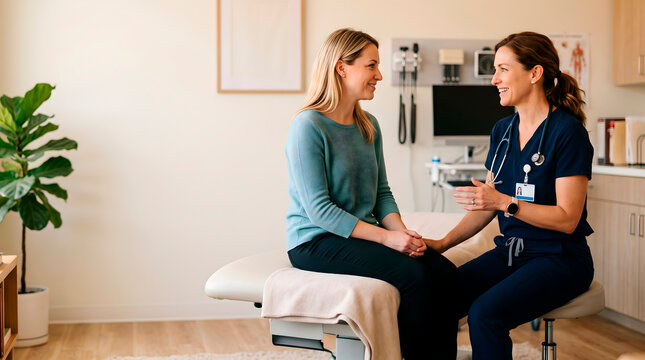 Doctor and patient discussing health concerns during a medical consultation in a modern clinic examination room