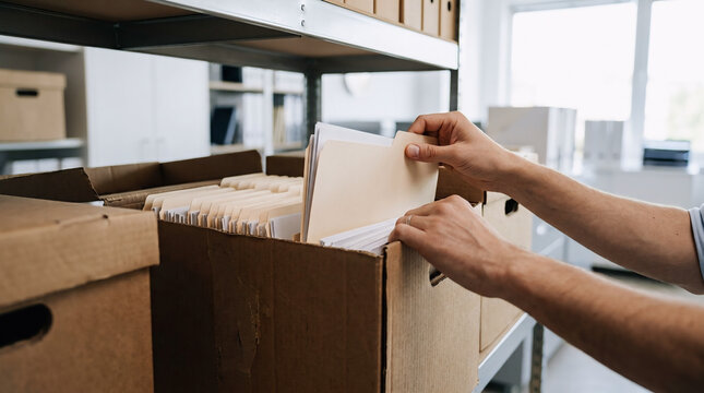 Warehouse worker sorting file folders into cardboard storage box