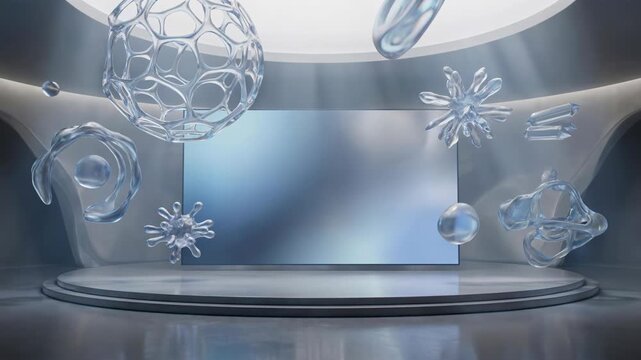 abstract glass shapes floating in modern studio with blank display for presentations