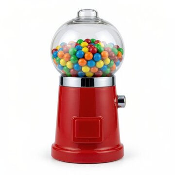 filled gumball machine with colorful gumballs in front view on white background, bright and cheerful children's product, vintage toys,, editorial, educational, visual.