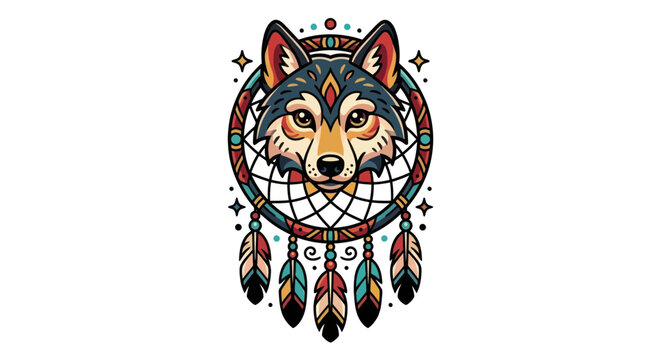 Stylized Wolf Head in Dreamcatcher with Feathers