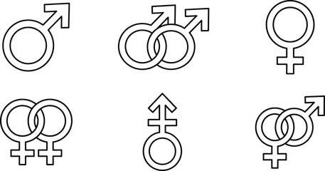 Gender symbol icon set including male female lgbtq transgender homosexual heterosexual relationship orientation linear outline minimalist vector © MD