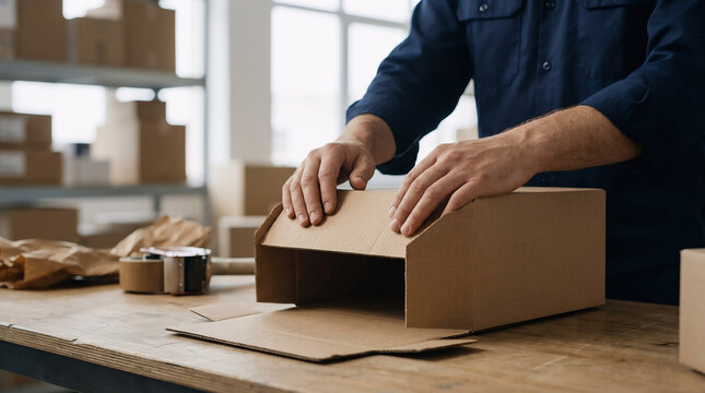 Worker folding cardboard box flaps for packaging in warehouse studio
