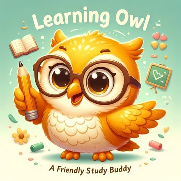 A character-themed cover featuring a cheerful cartoon owl wearing glasses and holding a pencil, Ai generated image
