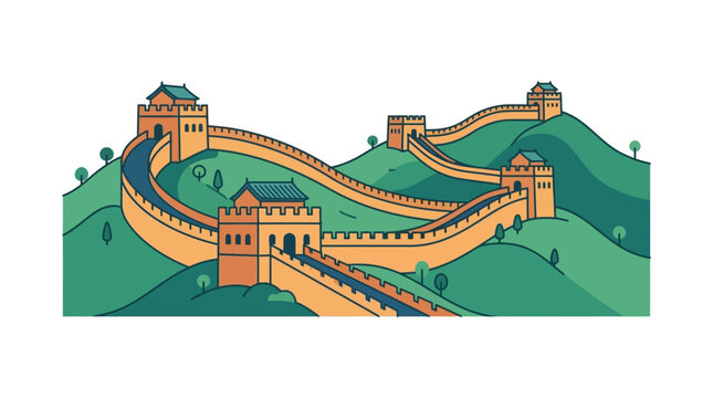 Illustrated Great Wall of China on green hills.