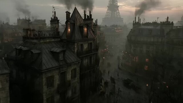 Paris, France, Europe. A detailed, atmospheric depiction of a Parisian cityscape at dusk. The main subject is the Eiffel Tower, standing tall against a backdrop of a hazy sky.