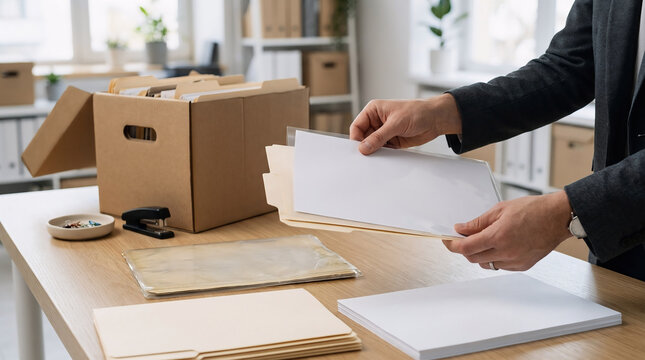 Office worker sorting paper files into cardboard archives box