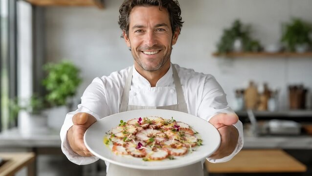 Handsome Male Chef Presenting Finished Octopus Carpaccio Dish To Camera In Kitchen