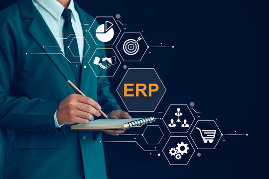 Business professional managing ERP software for enterprise resource planning, digital transformation, business analytics, workflow automation, finance, supply chain, and operational efficiency.
