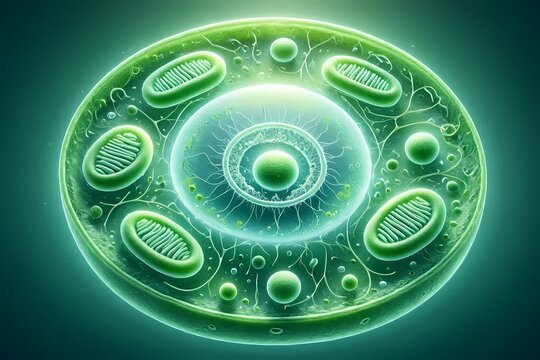 A microscopic biology view of a plant cell wall with chloroplasts and nucleus in vivid detail, Ai generated image