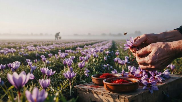Farmer harvesting saffron flowers in field. Manual collection of red spice stigmas.